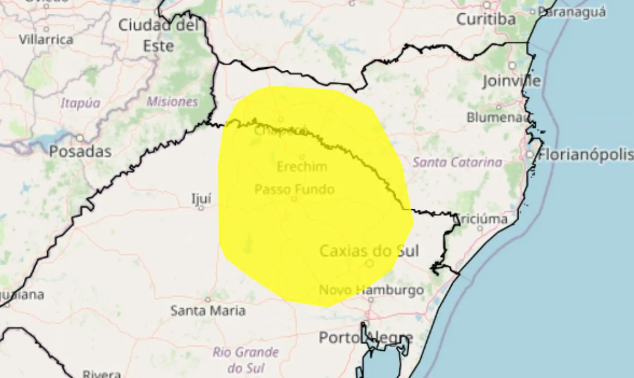 A imagem mostra as áreas em alerta para temporais 